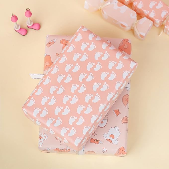 MAYPLUSS Pink Gift Wrapping Paper Roll - 17" X 120" Per Roll - Lovely Girly Little Girl Elephant, Clothing, Footprint Themed Birthday Gift Wrap Present Paper for Baby Shower, New Baby Party