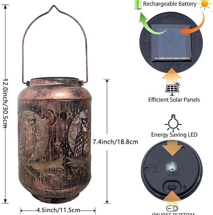 Solar Lanterns Outdoor Waterproof - Retro Metal Hanging Solar Lights with Owl Hollow-Out Pattern, Decorative Garden Decor for Outside Patio Yard Porch, Unique Owl Lovers Gifts for Women Mom Grandma