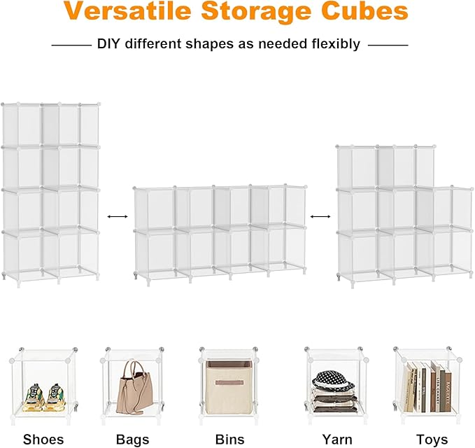 AWTATOS 8 Cube Storage Organizer, Closet Organizer Storage Shelf, Bookcase Bookshelf, DIY Stackable Storage Cubes Shelves for Closet, Bedroom, Home, Office, Transparent Twill