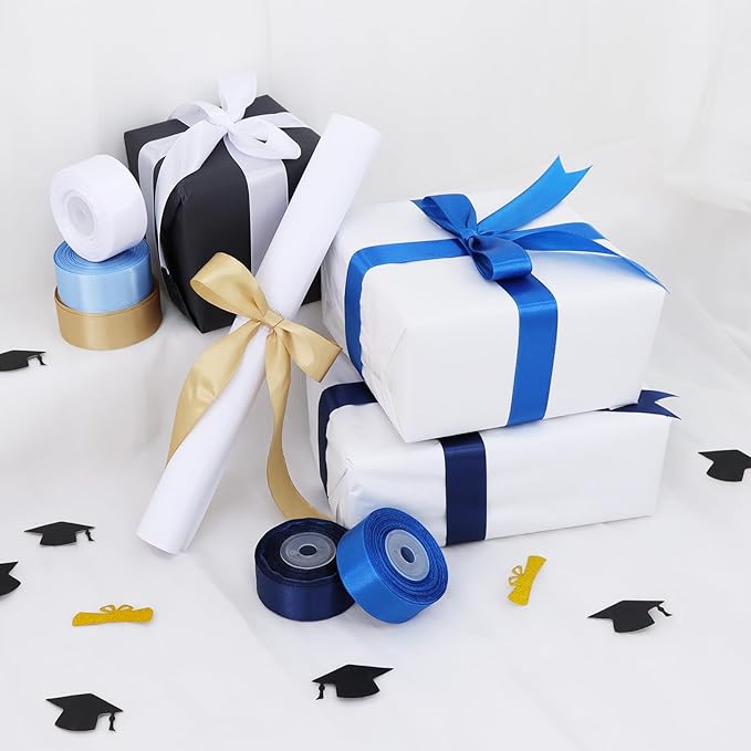 TONIFUL 1 Inch 5 Rolls Blue Gold White Ribbon, Assorted Graduation Satin Ribbons for Gifts Wrapping, Flower Bouquets, Bows, Crafts,Birthday, Graduation Leis, Baby Shower Decoration(25 Yards/Roll