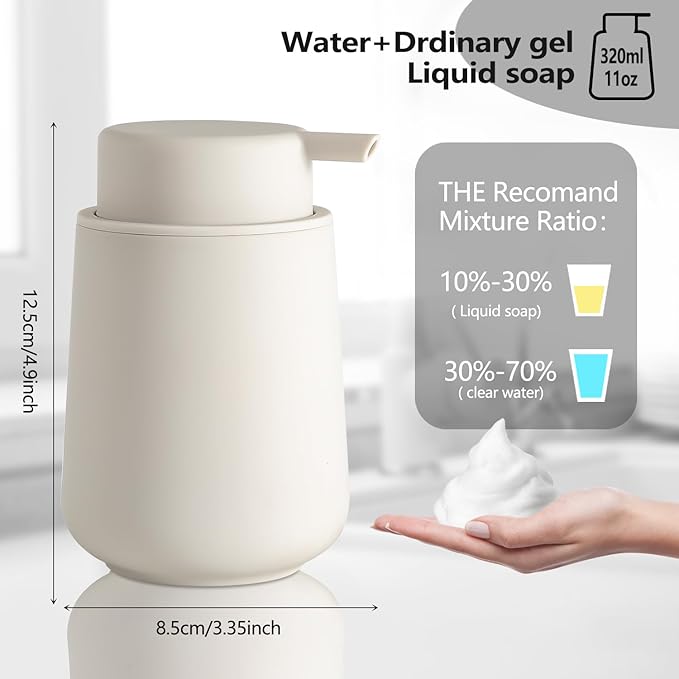 Plastic Soap Dispenser Foaming 11 oz Refillable Foam Bottle for Bathroom & Kitchen Countertops Matte Beige