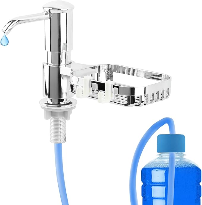 Soap Dispenser for Kitchen Sink, Built in Soap Dispenser Pump with Sponge Holder,Under Counter Brushed Nickel ABS Pump Head with 40" Extension Tube Kit(Silver)