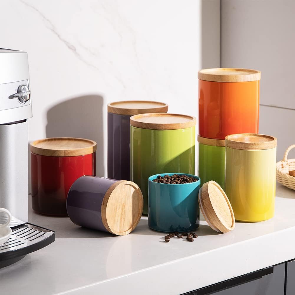 Sweejar Ceramic Food Storage Jar, Stackable Kitchen Canisters, Containers with Airtight Seal Wooden Lid for Serving Ground Coffee, Tea, Sugar