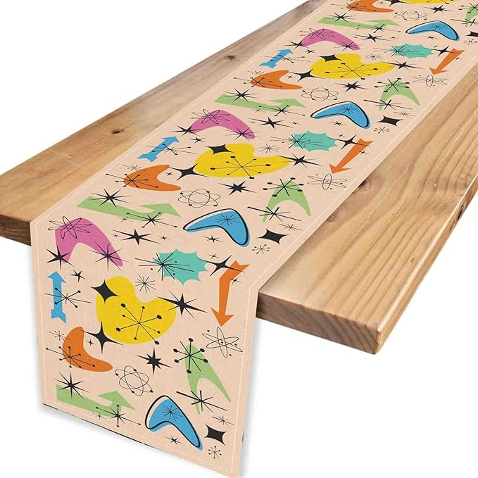 Mid Century Table Runner, Retro 1950s Atomic Minimalist Modern Abstract Geometric Colorful Coffee Table Center Decor for Home Kitchen Dining Patio Holiday Party Table Decorations, 13"x36" Inch