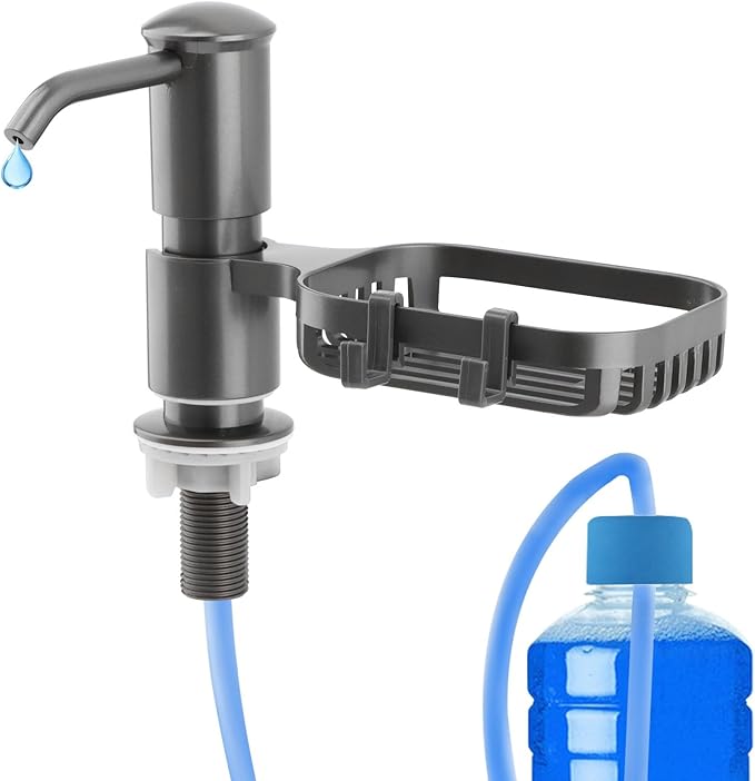 Soap Dispenser for Kitchen Sink, Built in Soap Dispenser Pump with Sponge Holder,Under Counter Brushed Nickel ABS Pump Head with 40" Extension Tube Kit(Dark Grey)