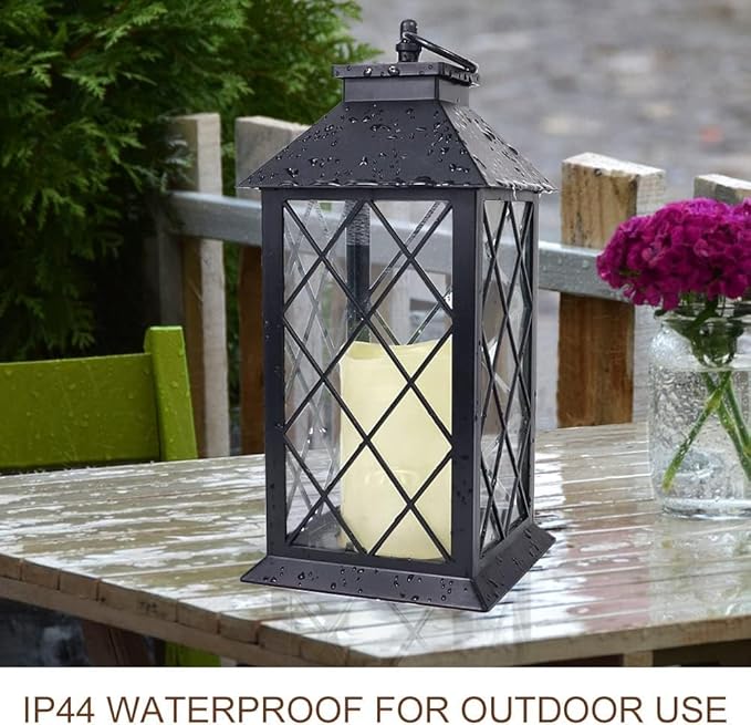 2-Pack 13.5" Vintage Candle Lantern with LED Pillar Candle (Black, 6hr Timer) - IP44 Waterproof Battery Powered Decorative Light - Outdoor Patio Hanging Lantern Decorative Tabletop Light