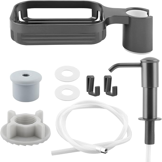 Soap Dispenser for Kitchen Sink, Built in Soap Dispenser Pump with Sponge Holder,Under Counter Brushed Nickel ABS Pump Head with 40" Extension Tube Kit(Dark Grey)