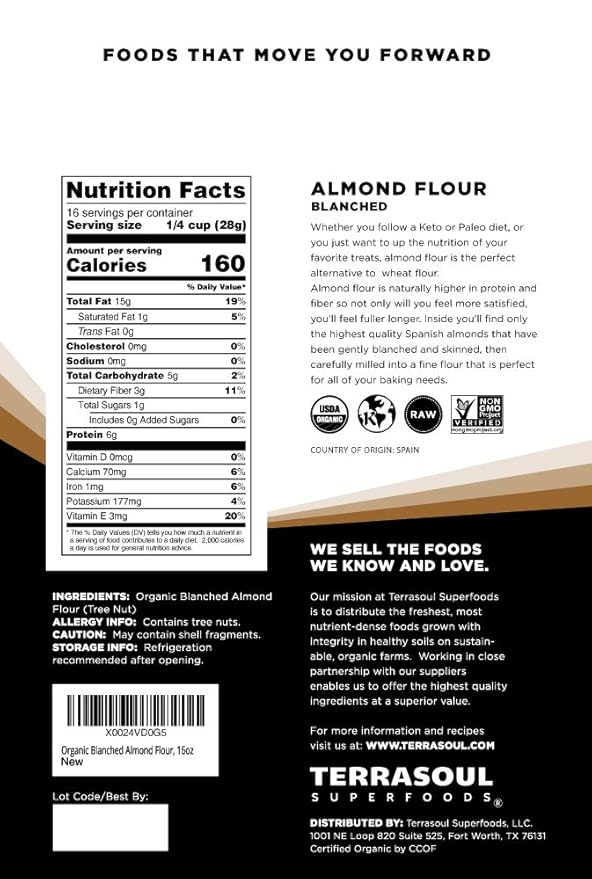Terrasoul Superfoods Organic Almond Flour, 1 Lb - Fine Texture, Grain-Free, Gluten-Free, Perfect for Keto Baking