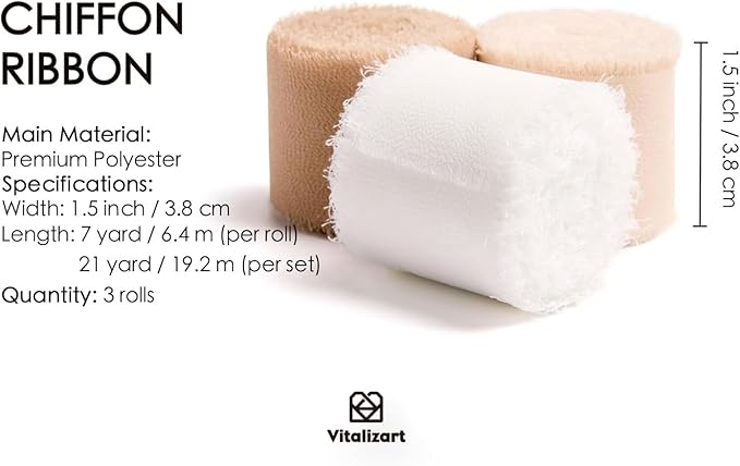 Vitalizart Handmade Chiffon Silk Ribbon Fringe 1.5" x 21 Yd White & Camel Frayed Edges Ribbons for Wedding Invitations Bridal Bouquets Gifts Wrapping Crafts Holiday Party Decorations