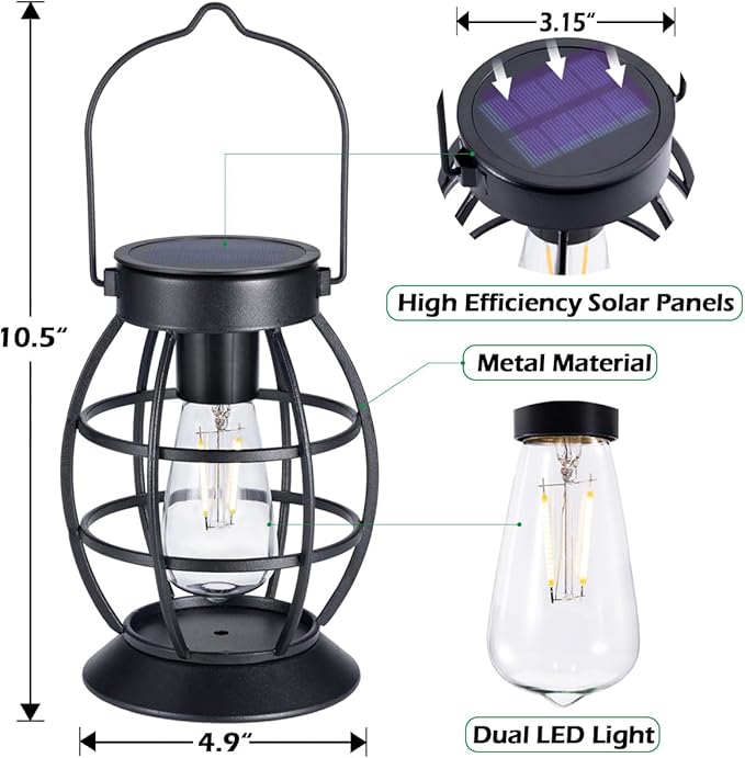LeiDrail Solar Lanterns Outdoor 4 Pack, Hanging Waterproof Metal Lantern Dual LED Warm White, Auto On/Off Garden Patio Yard Porch Pathway Table Decor, Solar Powered Gift for Women