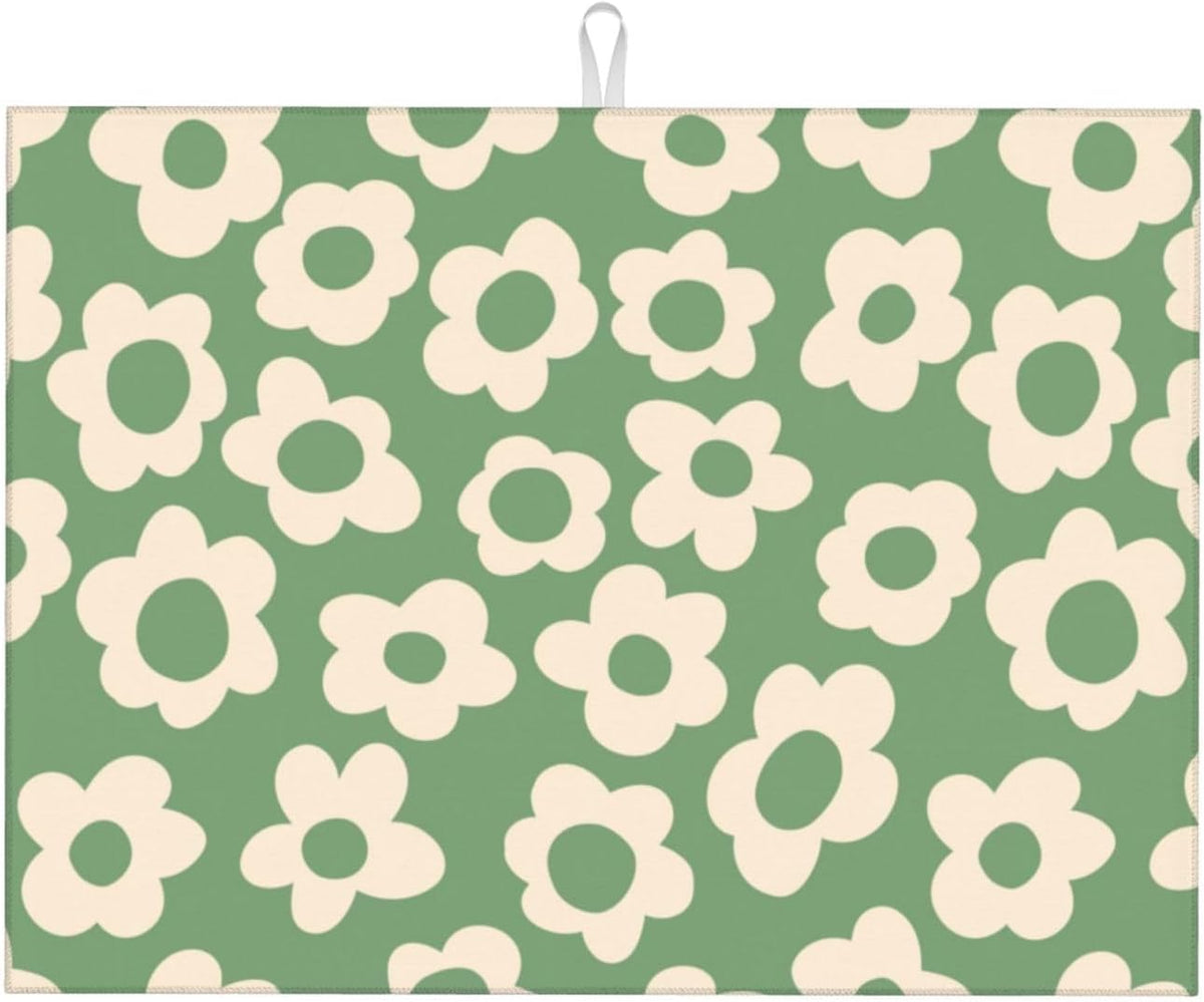 Floral Kitchen Dish Drying Mat for Dishes 18x24 Inch Vintage Groovy Flowers Drying Mat White Daisy Dish Drainer Mat Super Absorbent Dish Rack Pad for