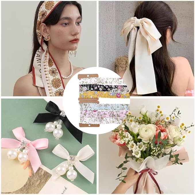 6 Colors 12 Yards 1 Inch Flower Print Ribbon Spring Summer Floral Fabric Wavy Edge Vintage Rose Printed Polyester Bouquet Flowers Ribbons for Gift Wrapping Bow Wreath Sewing Diy Craft Supply
