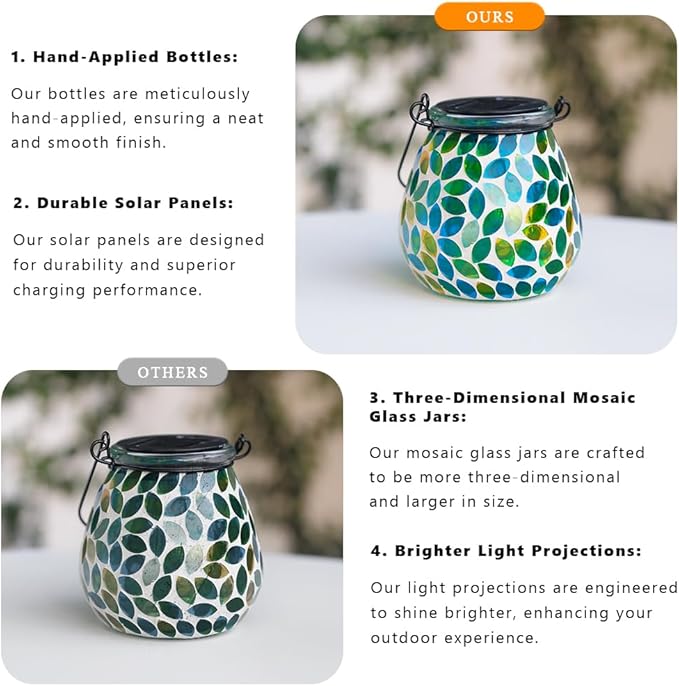 Starsoul 4 Pack Solar Lanterns Outdoor Waterproof, Unique Green Mosaic Glass Solar Garden Lights, Decorative Outdoor Lantern for Outside Patio Pathway Porch Yard Table