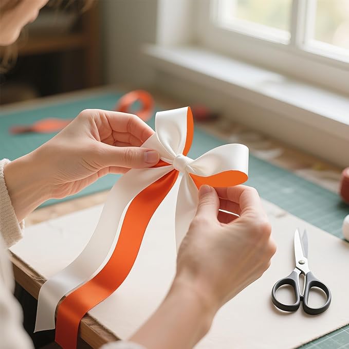 Two Tone Satin Ribbon 1-1/2 Inch, 30 Yards White & Terracotta Double Faced Wide Ribbon for Gift Wrapping, Bouquet, Hair Bows, DIY Crafts, Christmas New Year Party Decorations