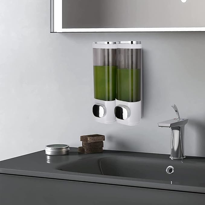 Wall Mounted Soap Dispenser Bathroom 2 Chambers, Shower 600ml Body Wash Soap Dispenser Set, Shampoo and Conditioner Dispenser Hand Pump for Toilet Bathroom Hotel Kitchen White