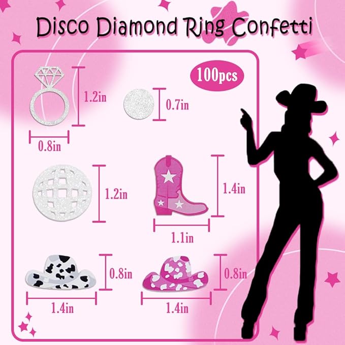 Cowgirl Disco Bachelorette Confetti, Disco Cowgirl Bachelorette Party Decorations, Glitter Disco Ball Ring and Pink Cowgirl Boot Hat Confetti for Bachelorette Bridal Shower Table Decor（100pcs）