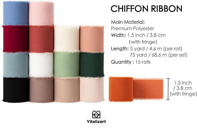 Vitalizart Chiffon Silk Ribbon 1 1/2 Inch x 75 Yd Handmade Frayed Edge Assorted Ribbons for Gift Wrapping Bridal Bouquets Baby Shower Wedding Invitations