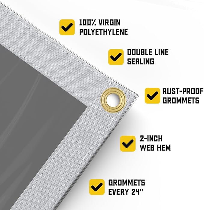 Core Tarps 20 Mil Extreme Heavy Duty Clear Tarp with Gromments - 14x14ft Super Clear Tarps Heavy Duty Waterproof Vinyl Tarpaulin, Transparent Tarp for Outdoor, Camping & Construction, Clear Grey