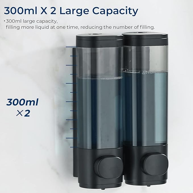 Pollock Shower Dispenser 2 Chamber No Drill Shampoo Conditioner Body Wash Dispenser for Bathroom, Large Capacity, Black
