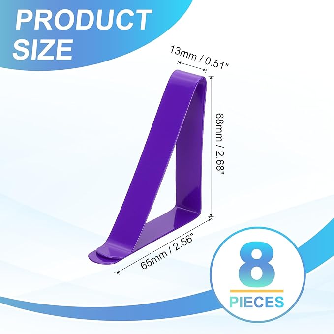 uxcell 8 Pack Tablecloth Clips, Stainless Steel Table Cloth Cover Clamps, 2.56" x 2.68" Windproof Holder Clips for Home Party Picnic Wedding Camping Dining Tables, Purple