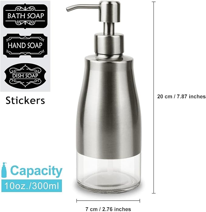 AUMIO Soap Dispenser with Non-Slip Silicone Pad, 2 Pack Kitchen Dish Refillable Liquid Dispensers, Hand Soap Dispenser for Bathroom, Stainless Steel Case Glass Liner Hand Pump Dispenser Silver & Black