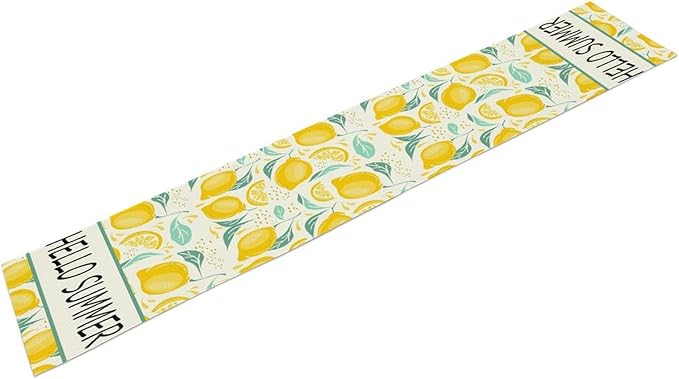 Spring Yellow Lemon Table Runner, Hello Summer Seasonal Exotic Fresh Fruits Plants Branch Leaves Print Table Cover for Farmhouse Kitchen Table Party Decor, 13x36inch