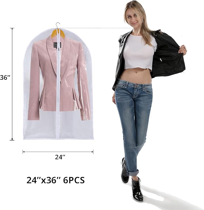Clear Garment Bags For Hanging Clothes, 36" Women Suit Bags, Plastic Garment Bags for Closet Storage, Suit Cover Bags with Zipper for Short Coats, Jackets, Shirts 24"x36"/ 12 Pack