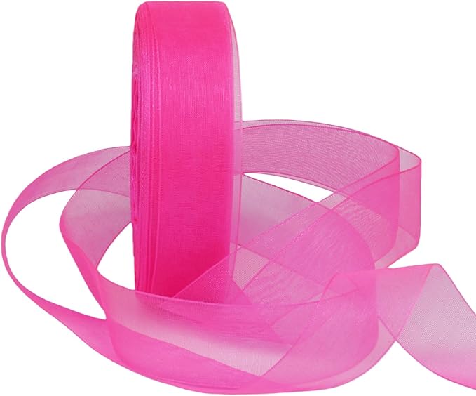 1 Inch 50 Yards Sheer Organza Ribbon Chiffon Ribbon for Gift Wrapping Wedding Bouquet Crafts (Hot Pink)