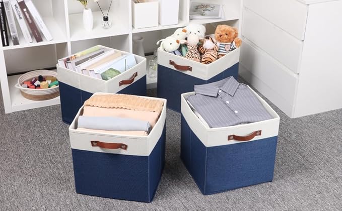 Temary Fabric Storage Bins for Cube Organizer 4 Pack Cube Storage Bins 13 Storage Cubes for Shelves Storage Baskets for Organizing Books, Clothes, Towels (White & Blue, 13x13x13 Inch)