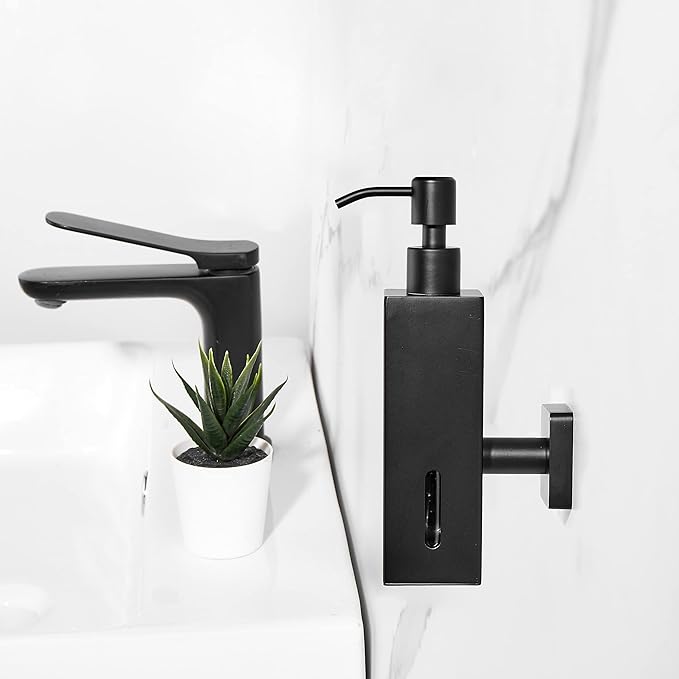 BATHSIR Matte Black Soap Dispenser, Refillable Shower Soap Dispenser Wall Mounted, Stainless Steel Clear Hand Soap Dispenser with Pump for Bathroom Kitchen Sink Dish (Square 200ML)