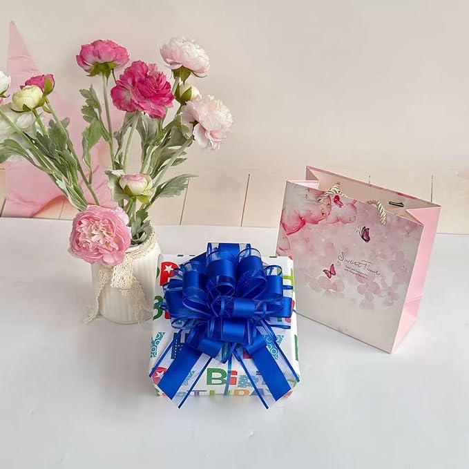 6 Pieces Large Pull Bows, Party Birthday Gift Wedding Ribbon Bows for Wrapping Boxes or Baskets Decorations Ribbon Bow, Valentine's Day Gift Decorations Bow (Royal Blue)