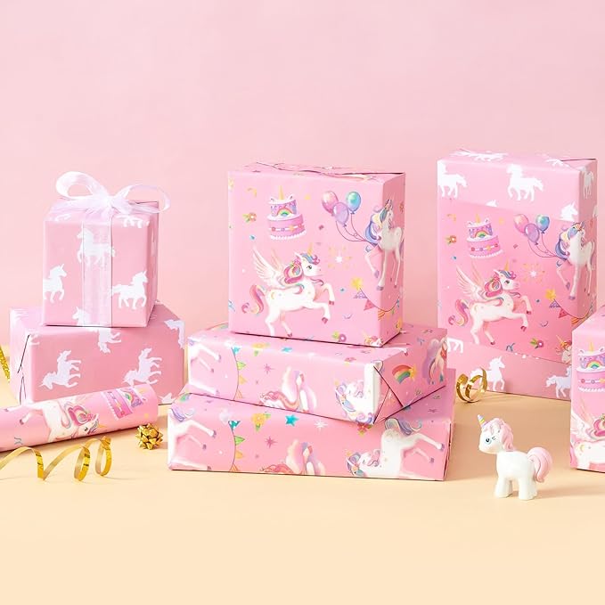 WERNNSAI Watercolor Unicorn Wrapping Paper - 1 Roll 17” x 33 ft Happy Birthday Wrapping Paper Roll Rainbow Birthday Gift Wrap for Kids Girls Princess Party Favor Unicorn Silhouette Design