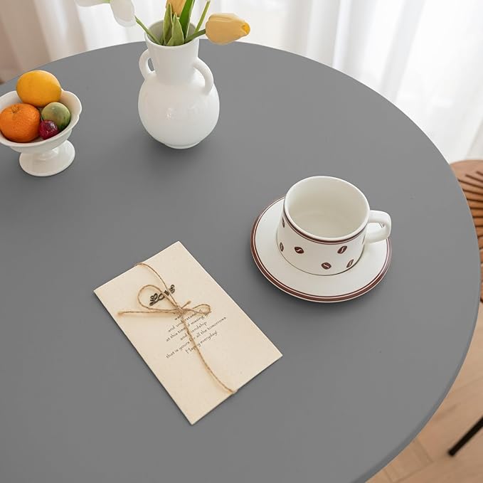 Round Fitted PU Tablecloth with High Elastic Edge 47 Inch Dia Waterproof Oil Proof Table Cloth Anti-Scald Stain-Resistant Wipeable Table Cover for Indoor Outdoor Picnic (Light Grey,47" Dia)