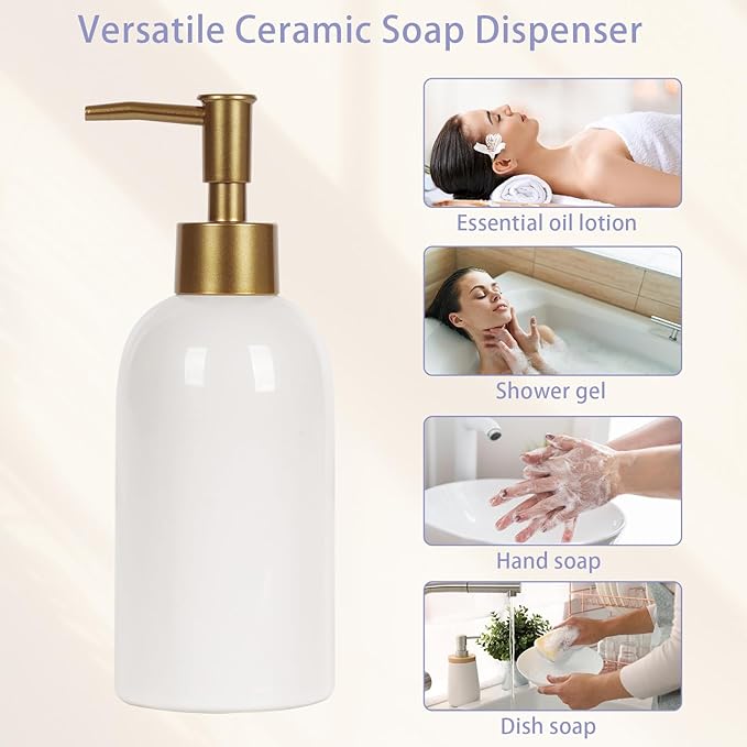 Natheeph 2PC 14OZ Ceramic Soap Dispenser Ceramic Soap Pump Dispenser Can Fill Liquid for Bathroom/Kitchen (White + Green)