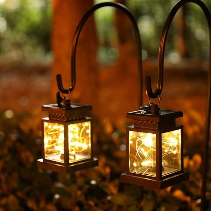 JHY DESIGN Set of 2 Black Solar Lanterns Outdoor Waterproof Solar Powered Table Lamp 5" H Hanging Lanterns with Warm LED Fairy String Lights for Patio Garden Landscape Decoration Yard Lawn（with Clamp）