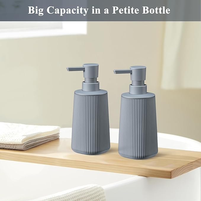 Gray Hand Soap Dispenser with No Rust Pump for Bathroom and Kitchen Countertops Refillable Striped Matte Plastic 8.5 oz