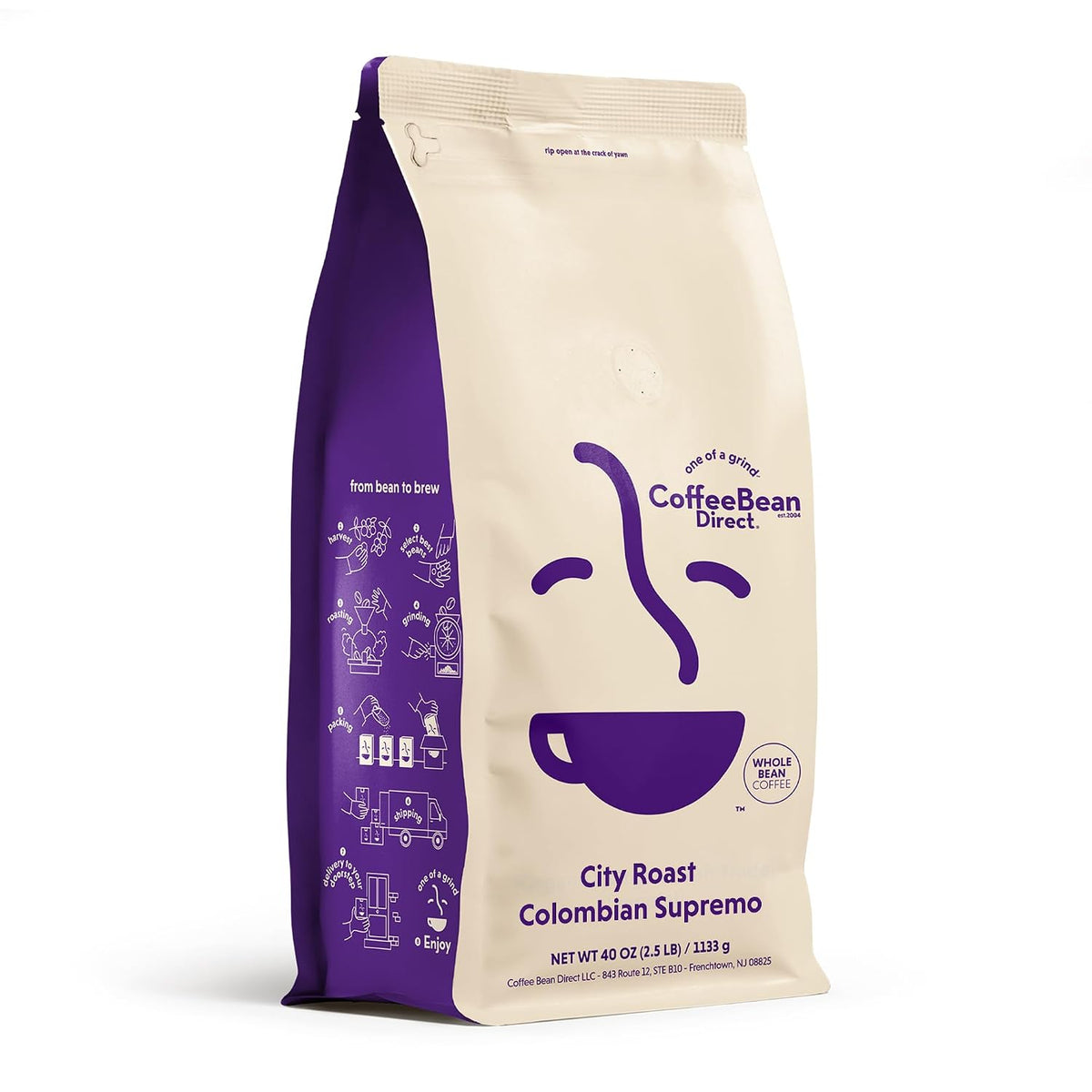 Coffee Bean Direct City Roast Colombian Supremo, Whole Bean, 2.5lb Bag | Medium Roast, Single Origin Arabica Coffee Beans