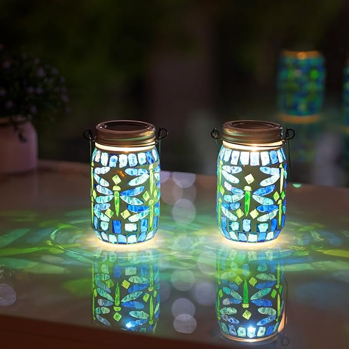 Starsoul 4 Pack Solar Hanging Lanterns Outdoor Waterproof, Mosaic Dragonfly Decor Glass Solar Outdoor Lights, Decorative Solar Lantern for Outside Pathway Patio Porch Yard Decor