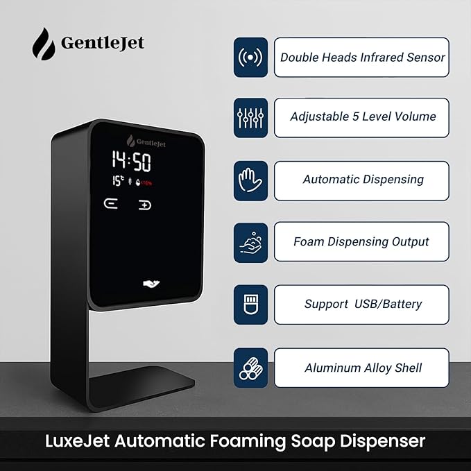 GentleJet LuxeJet Automatic Foaming Soap Dispenser – Touchless Sensor, LED Display, 5 Foam Levels, Wall Mount or Countertop, Rechargable USB-C or Battery Powered, Aluminum Alloy, 480 ml Refillable