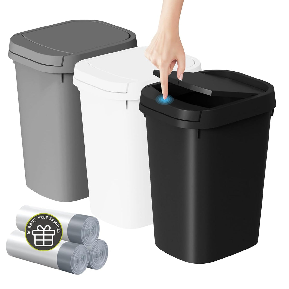 3 Pack Bathroom Small Trash Can with Lid, 2.6 Gallon Slim Garbage Bin with Pop-Up Lid, 10L Plastic Wastebasket for Bedroom, Office, Kitchen, Toilet (Three Colors)