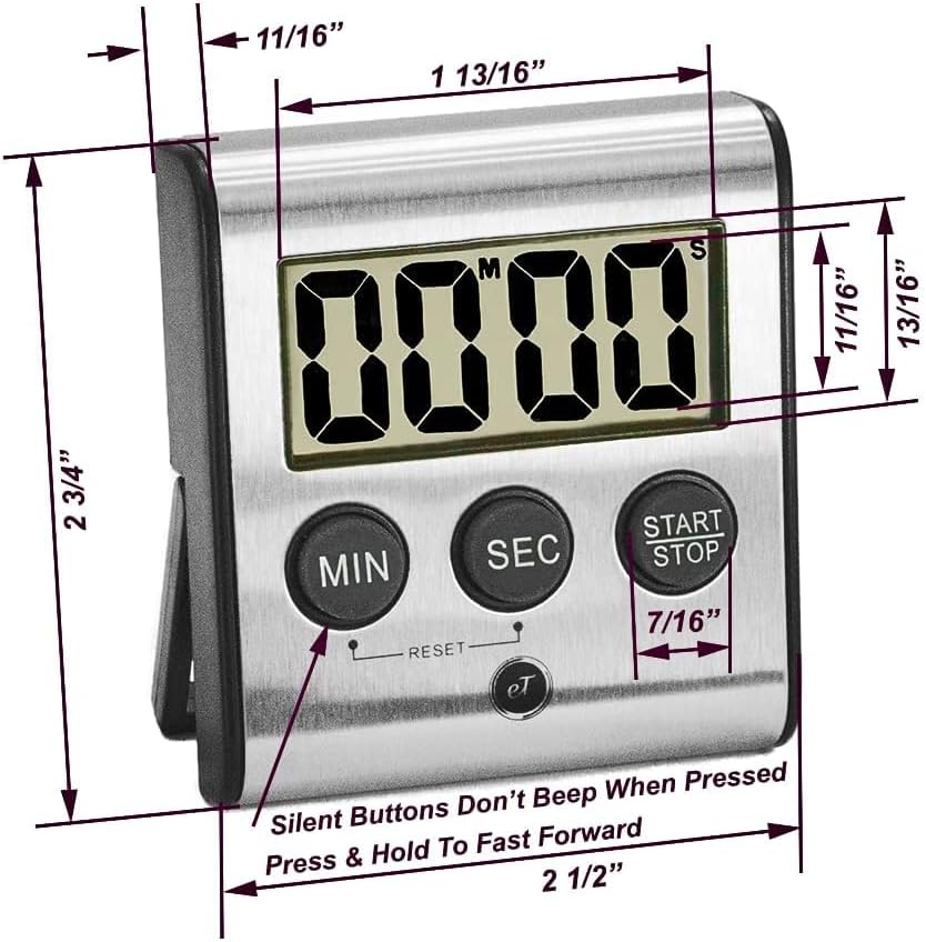 Elegant Digital Kitchen Timer - Stainless Steel Model eT-23, Super Strong Magnetic Back, Loud Alarm, Large Display, Auto Memory