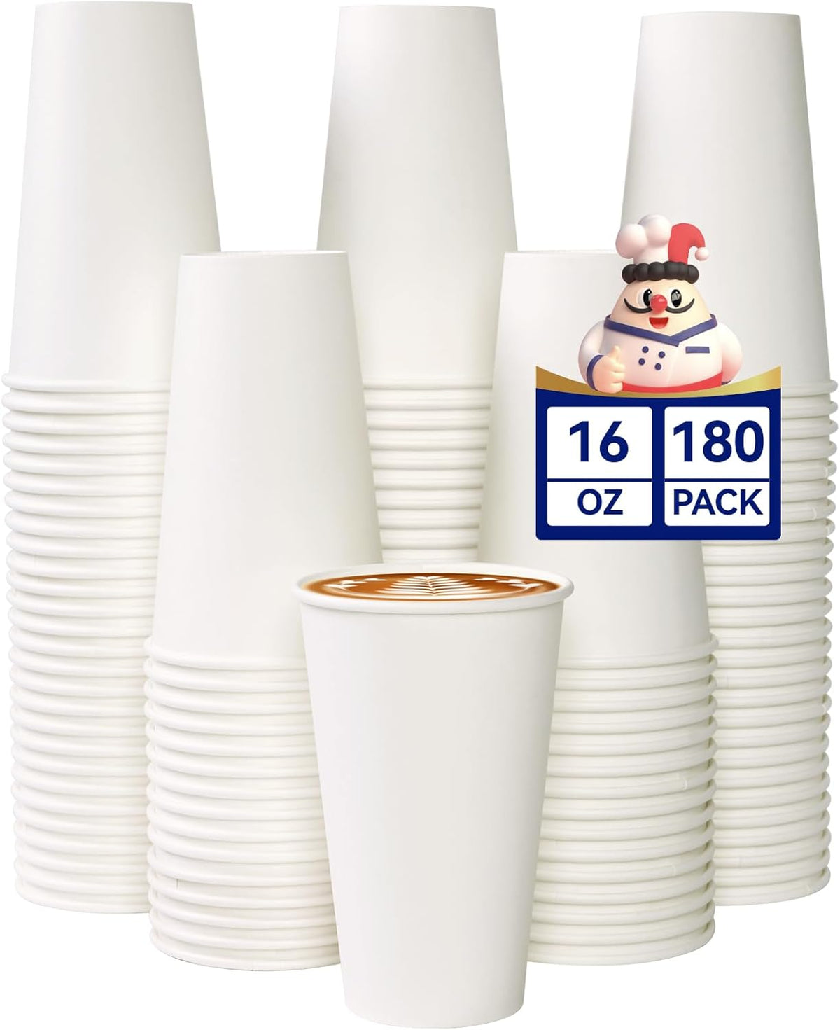 Jolly Chef 180 Count 16 oz Coffee Cups, White Drinking Paper Cups for Coffee, Water, Juice, or Tea, Suitable for Party, Picnic, Travel, and Events