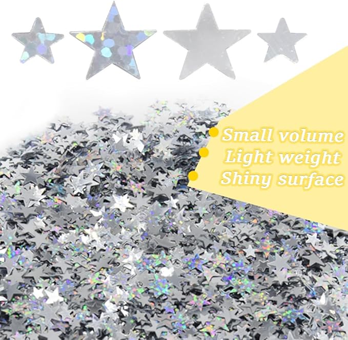 60g/2.1oz Glitter Star Confetti 6/10mm Metallic Foil Stars Sequin Holographic Stars Table Confetti for Party,Wedding,Birthday Decorations(Silver+Glowing Silver/XX-FGY+Y)