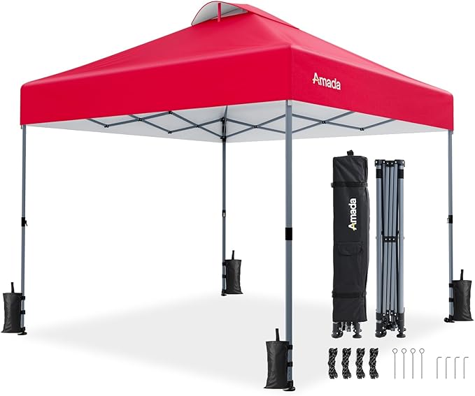 Amada 10x10 Pop Up Canopy - Center Lock One Push Instant Setup Wheeled Gazebo Outdoor Canopy Beach Tent with STO-N-Go Bag 8 Stakes & 4 Sand Bags, 3-Height Adjustable Shade Shelter (10x10ft, Red)