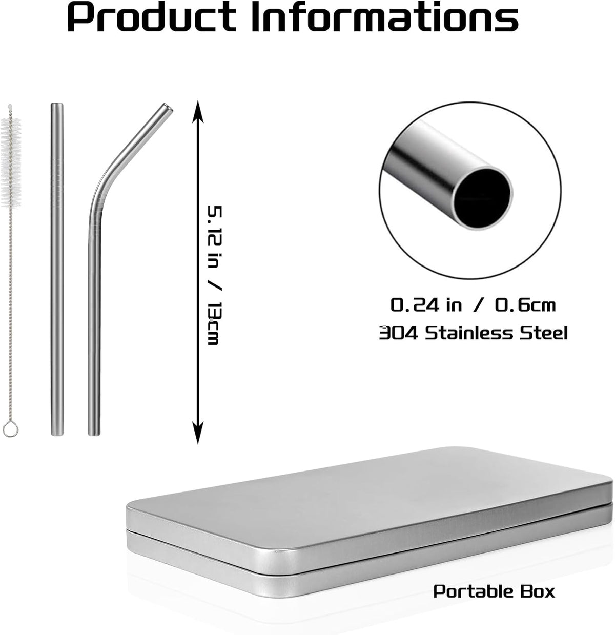 [10 Pcs] 6 Inch Metal Drinking Straws - 0.24" Diameter 304 Stainless Steel Straw for Cocktail Coffee Margaret