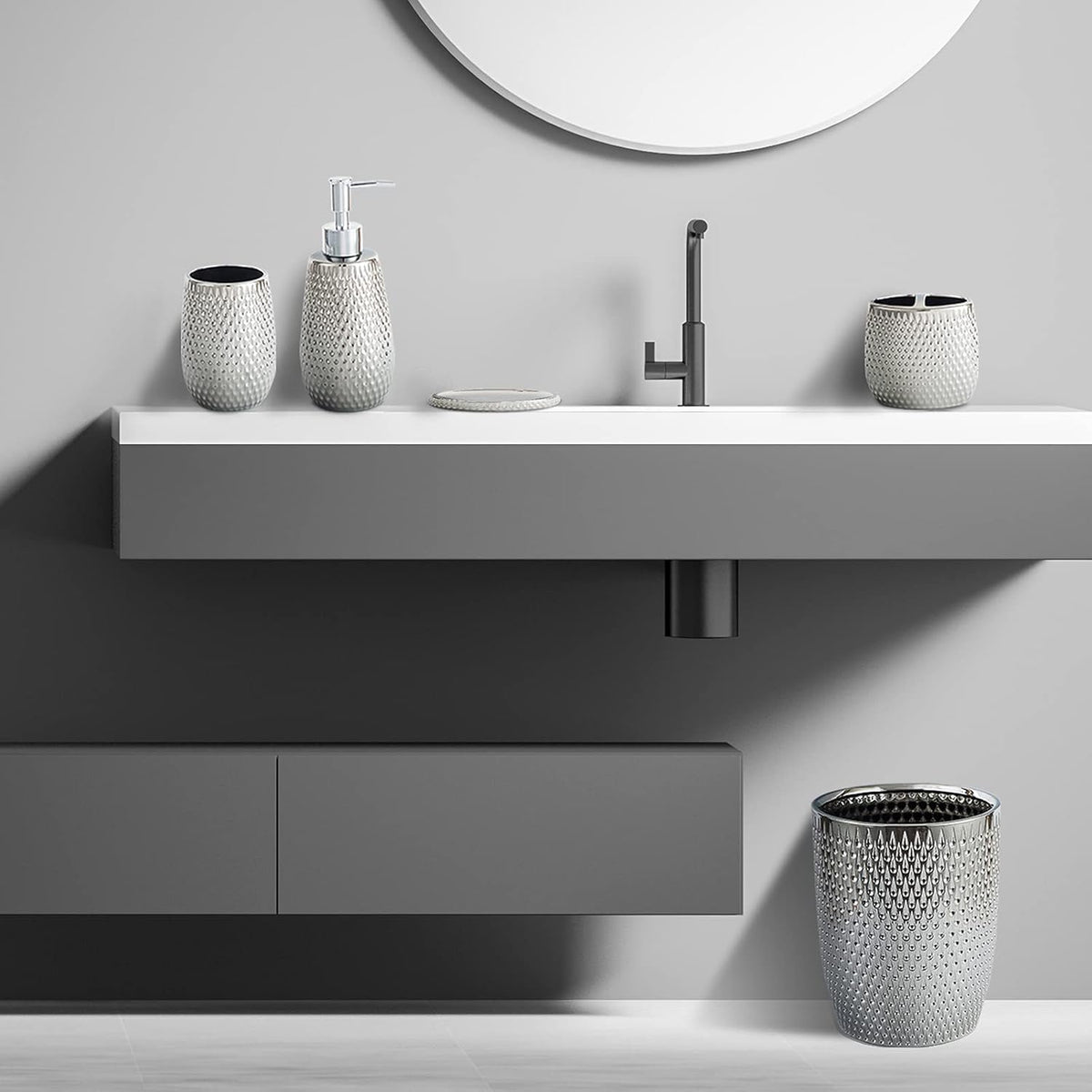 Modern Round Silver Small Trash Can Wastebasket, Garbage Container Bin for Bathrooms, Powder Rooms, Kitchens, Home Offices - Durable Ceramics - Round