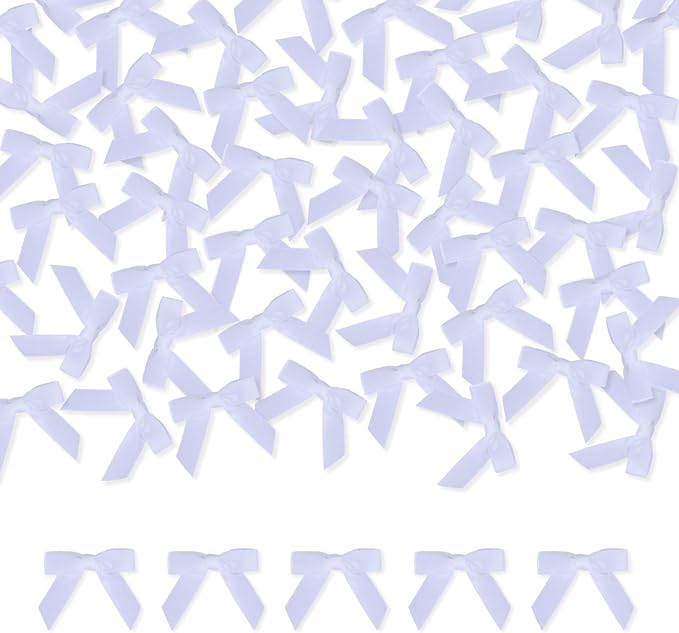 Meseey 100 Pcs 1.5 Inches Premade Craft Bows Self Adhesive White Satin Ribbon Bows for Treat Bags Gift Wrapping Basket Wedding Baby Shower Brithday Party(White)