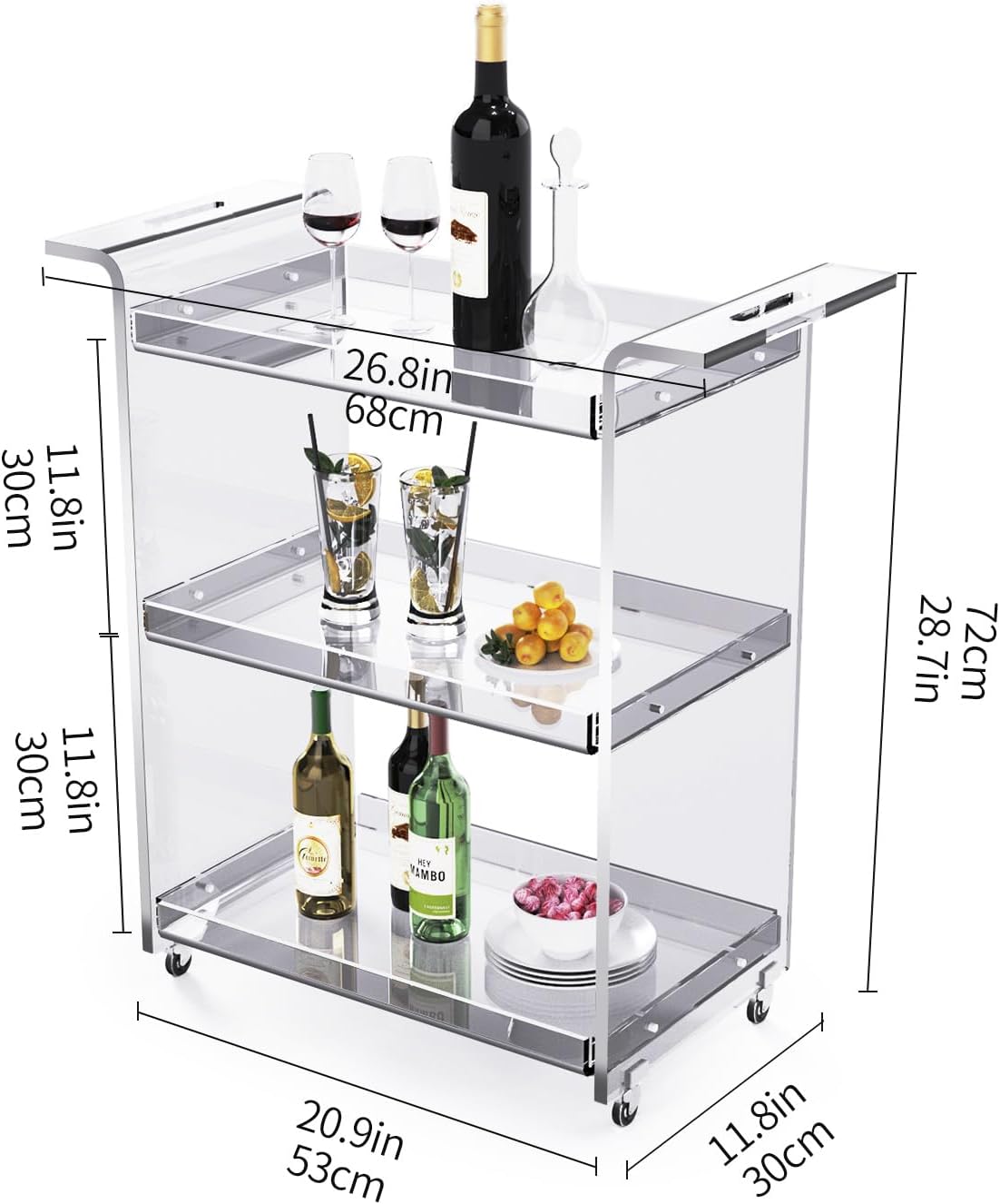 Acrylic Bar Cart, Serving Cart with Wheels Rolling Cart (Large)