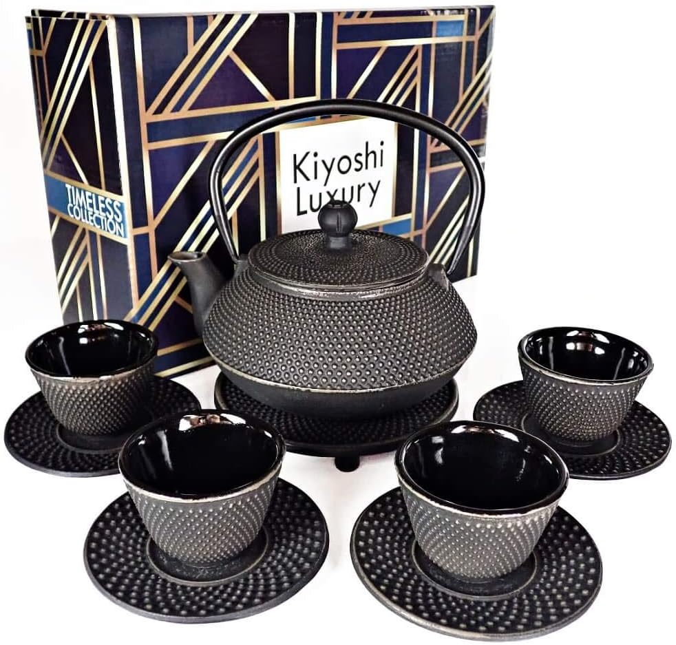Large 11PC Japanese Tea Set "Gashu Black" Cast Iron Tea Pot 26Oz with 4 Tea Cups (2Oz each), 4 Saucers