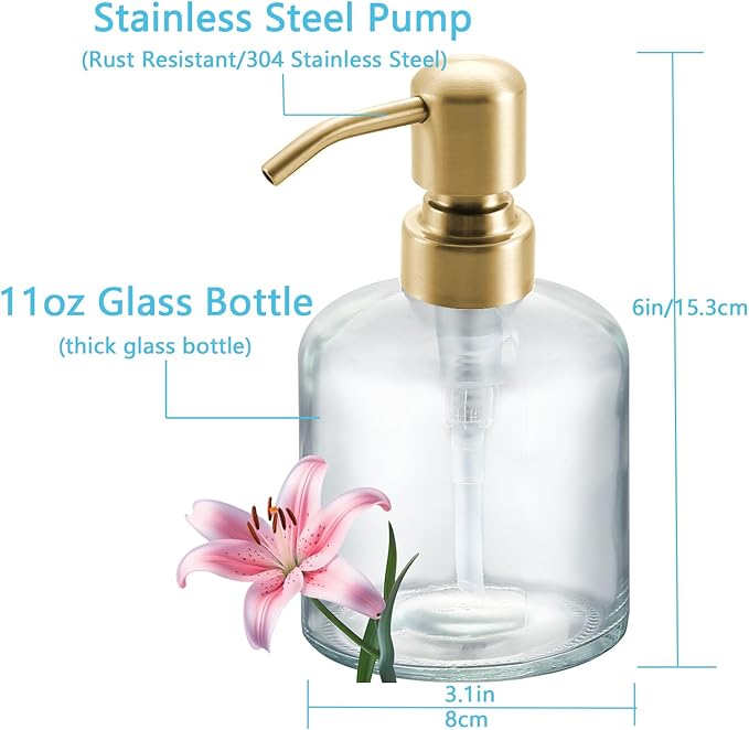 Clear Glass Soap Dispenser, 11 Oz Boston Round Bottle Dispenser with Stainless Steel Pump, Refillable Kitchen & Bathroom Countertop Dish Soap Dispenser, Brushed Gold